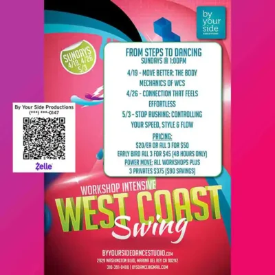 🕺💃 Master West Coast Swing: Don’t Miss Our 3-Part Workshop Intensive in Marina del Rey Starting April 19th